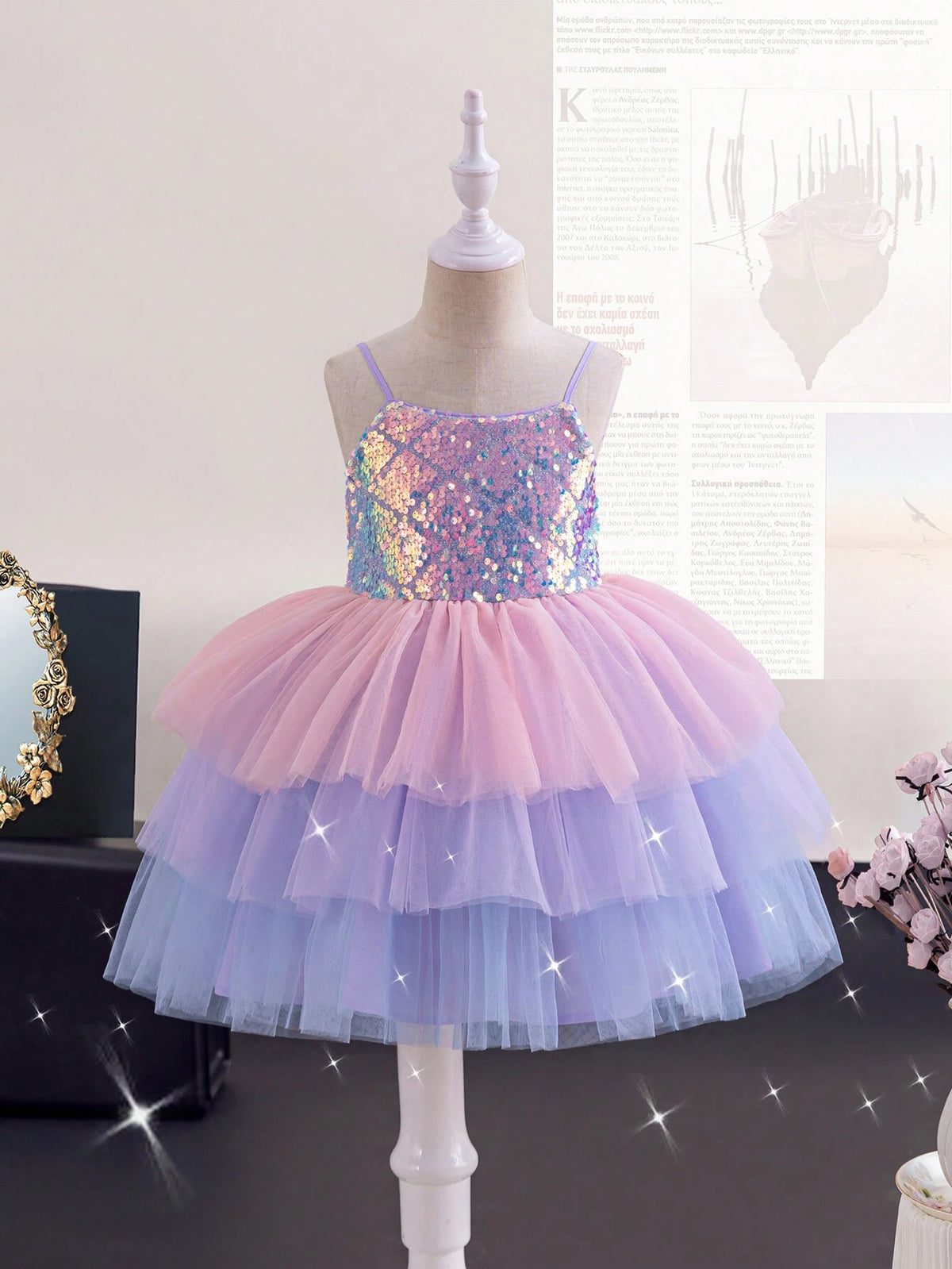 Young Girl's Dreamy Princess Style Sequin Panel Casual Patchwork Colorful Mesh Spaghetti Strap Dress