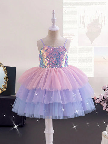 Young Girl's Dreamy Princess Style Sequin Panel Casual Patchwork Colorful Mesh Spaghetti Strap Dress