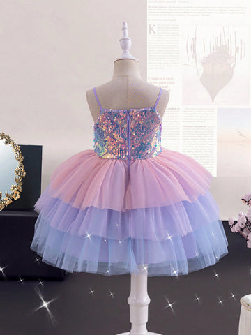 Young Girl's Dreamy Princess Style Sequin Panel Casual Patchwork Colorful Mesh Spaghetti Strap Dress