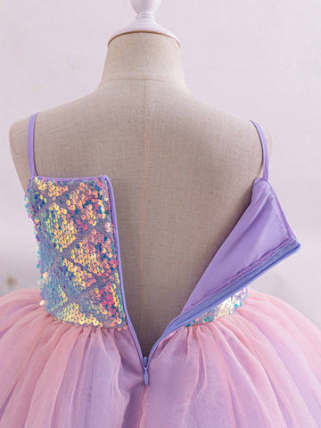 Young Girl's Dreamy Princess Style Sequin Panel Casual Patchwork Colorful Mesh Spaghetti Strap Dress