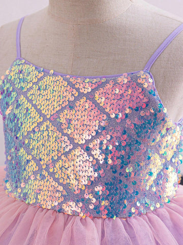 Young Girl's Dreamy Princess Style Sequin Panel Casual Patchwork Colorful Mesh Spaghetti Strap Dress