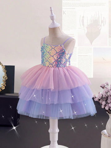 Young Girl's Dreamy Princess Style Sequin Panel Casual Patchwork Colorful Mesh Spaghetti Strap Dress