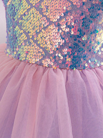 Young Girl's Dreamy Princess Style Sequin Panel Casual Patchwork Colorful Mesh Spaghetti Strap Dress