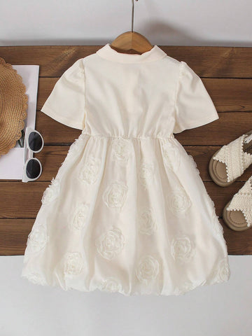 Young Girls' Dress With Floral Appliques And Patchwork Design