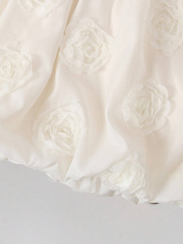 Young Girls' Dress With Floral Appliques And Patchwork Design