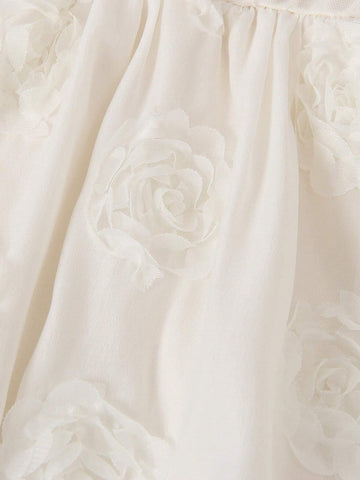 Young Girls' Dress With Floral Appliques And Patchwork Design