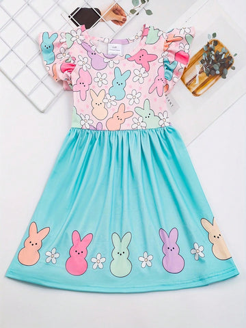 Young Girls' Easter Bunny Printed Color Blocking Dress