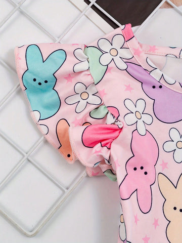 Young Girls' Easter Bunny Printed Color Blocking Dress