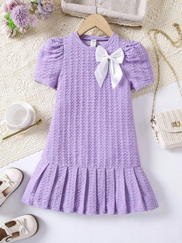 Young Girls' Elegance Short Sleeves Pleated Round Neck Dress