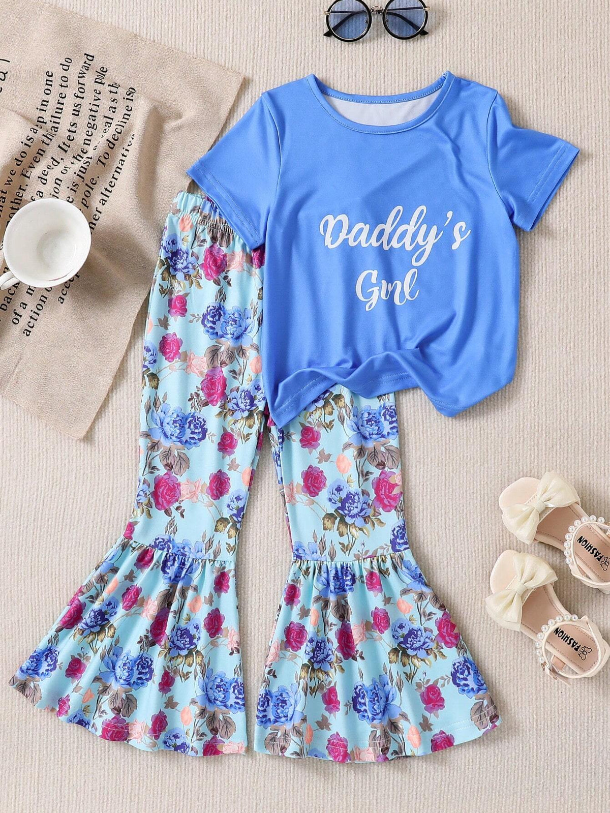 Young Girls' Elegant 2pcs Set: Round Neck Short Sleeve Top With Letter Print And Frilled Hem Floral Printed Pants, Summer