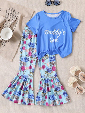 Young Girls' Elegant 2pcs Set: Round Neck Short Sleeve Top With Letter Print And Frilled Hem Floral Printed Pants, Summer