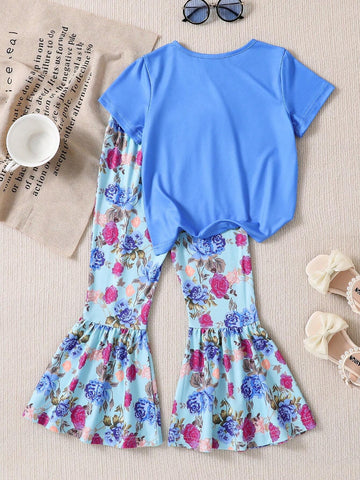 Young Girls' Elegant 2pcs Set: Round Neck Short Sleeve Top With Letter Print And Frilled Hem Floral Printed Pants, Summer