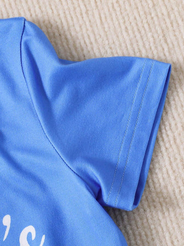 Young Girls' Elegant 2pcs Set: Round Neck Short Sleeve Top With Letter Print And Frilled Hem Floral Printed Pants, Summer