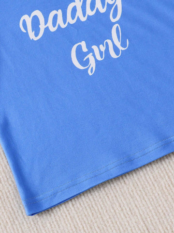 Young Girls' Elegant 2pcs Set: Round Neck Short Sleeve Top With Letter Print And Frilled Hem Floral Printed Pants, Summer