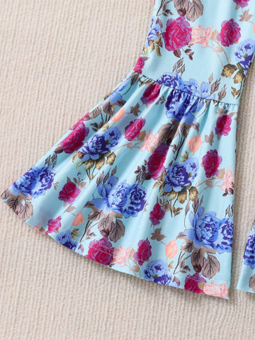 Young Girls' Elegant 2pcs Set: Round Neck Short Sleeve Top With Letter Print And Frilled Hem Floral Printed Pants, Summer