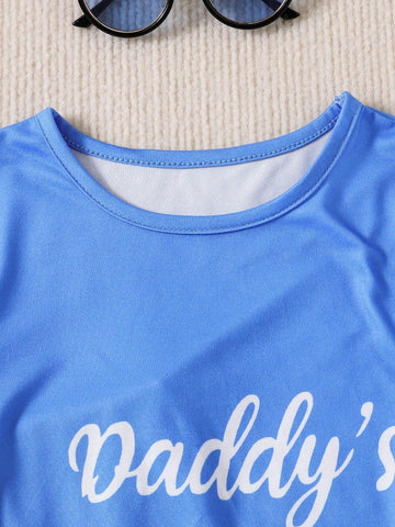 Young Girls' Elegant 2pcs Set: Round Neck Short Sleeve Top With Letter Print And Frilled Hem Floral Printed Pants, Summer