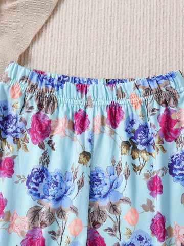 Young Girls' Elegant 2pcs Set: Round Neck Short Sleeve Top With Letter Print And Frilled Hem Floral Printed Pants, Summer