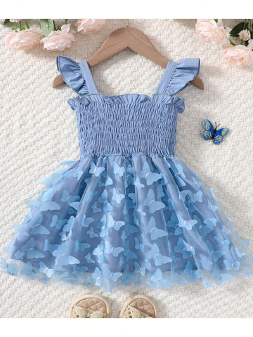 Young Girls Elegant And Comfortable Color Blocking Mesh Lace Princess Dress With Ruffle Edge, Buttons And Butterfly Patch, Suitable For Summer Casual Wear, Daily Wear, Holidays And Parties