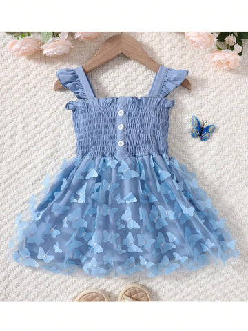 Young Girls Elegant And Comfortable Color Blocking Mesh Lace Princess Dress With Ruffle Edge, Buttons And Butterfly Patch, Suitable For Summer Casual Wear, Daily Wear, Holidays And Parties