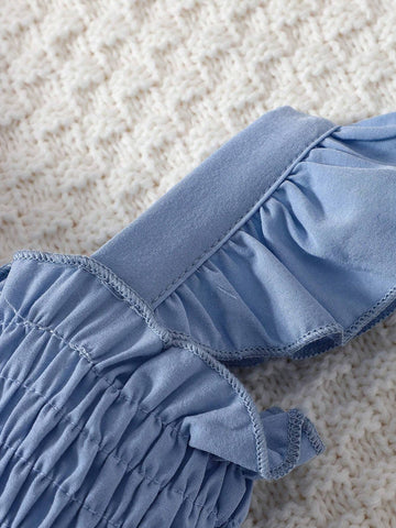 Young Girls Elegant And Comfortable Color Blocking Mesh Lace Princess Dress With Ruffle Edge, Buttons And Butterfly Patch, Suitable For Summer Casual Wear, Daily Wear, Holidays And Parties