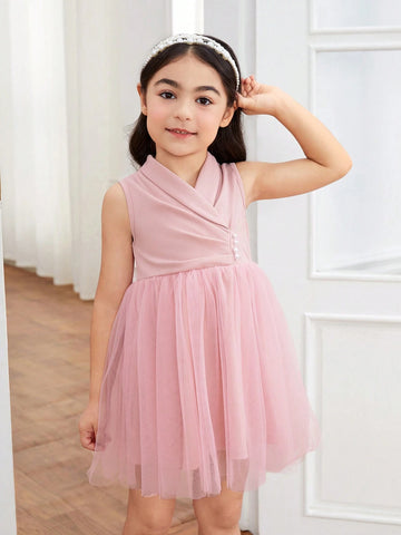 Young Girls' Elegant And Gorgeous Sleeveless Mesh Stitching Dress With Suit Collar, Perfect For Spring And Fall Vacation