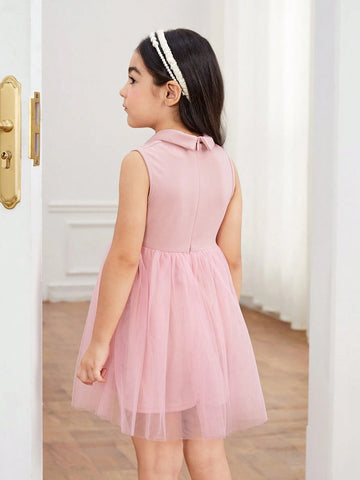 Young Girls' Elegant And Gorgeous Sleeveless Mesh Stitching Dress With Suit Collar, Perfect For Spring And Fall Vacation