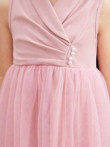 Young Girls' Elegant And Gorgeous Sleeveless Mesh Stitching Dress With Suit Collar, Perfect For Spring And Fall Vacation