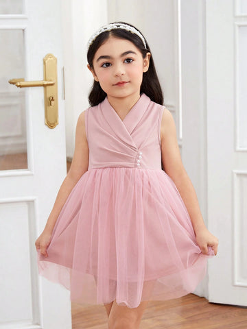 Young Girls' Elegant And Gorgeous Sleeveless Mesh Stitching Dress With Suit Collar, Perfect For Spring And Fall Vacation