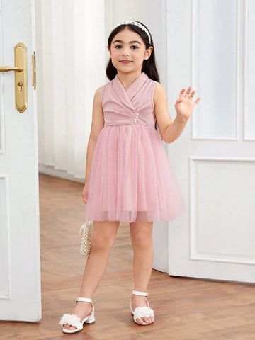 Young Girls' Elegant And Gorgeous Sleeveless Mesh Stitching Dress With Suit Collar, Perfect For Spring And Fall Vacation