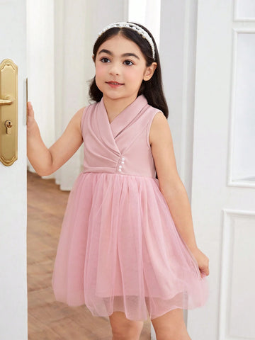 Young Girls' Elegant And Gorgeous Sleeveless Mesh Stitching Dress With Suit Collar, Perfect For Spring And Fall Vacation