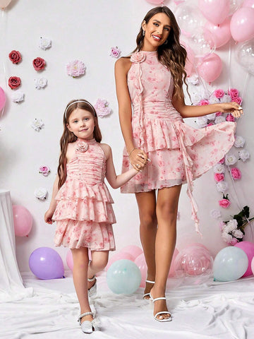Young Girls' Elegant And Romantic Dress With Stand Collar, Puff Sleeve, Flower Decor And Pleated Skirt