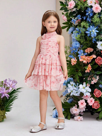 Young Girls' Elegant And Romantic Dress With Stand Collar, Puff Sleeve, Flower Decor And Pleated Skirt