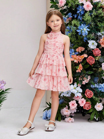 Young Girls' Elegant And Romantic Dress With Stand Collar, Puff Sleeve, Flower Decor And Pleated Skirt