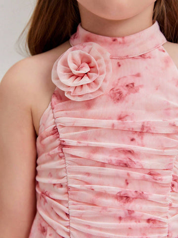 Young Girls' Elegant And Romantic Dress With Stand Collar, Puff Sleeve, Flower Decor And Pleated Skirt