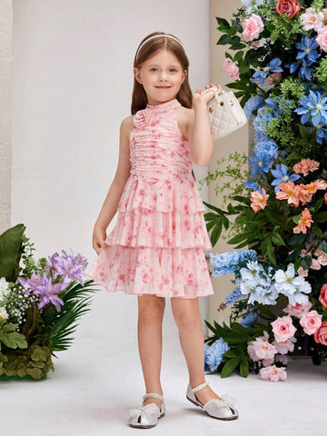 Young Girls' Elegant And Romantic Dress With Stand Collar, Puff Sleeve, Flower Decor And Pleated Skirt
