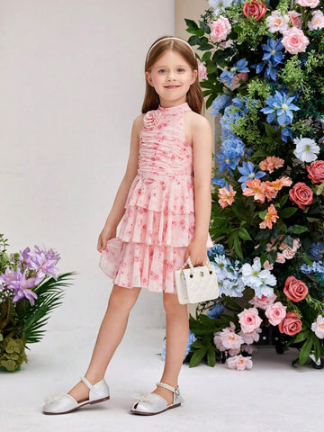 Young Girls' Elegant And Romantic Dress With Stand Collar, Puff Sleeve, Flower Decor And Pleated Skirt