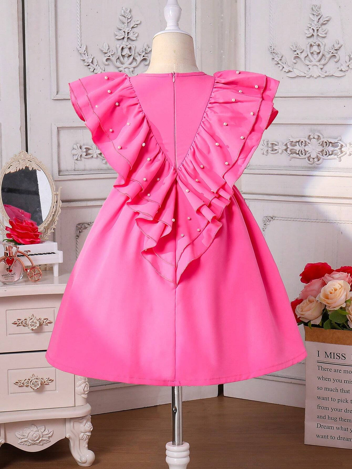 Young Girls' Elegant Beaded Dress With Large Ruffled Hem For Summer
