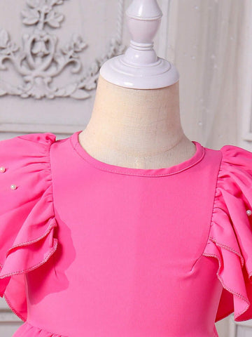 Young Girls' Elegant Beaded Dress With Large Ruffled Hem For Summer