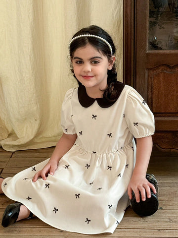 Young Girl' Beige Solid Elegant Simple Sweet Peter Pan Collar Short Sleeve Puffed Long Dress
