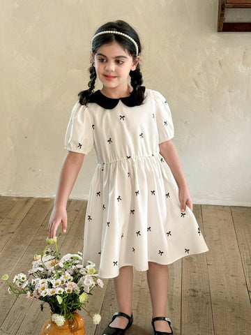 Young Girls' Elegant Bowknot A-Line Dress, Black Textured Fabric, Puff Sleeve, Midi Length, Suitable For Travel, School And Everyday Wear