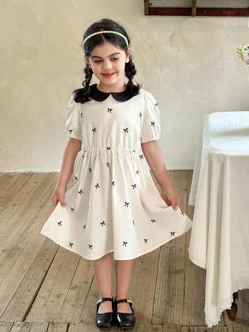 Young Girls' Elegant Bowknot A-Line Dress, Black Textured Fabric, Puff Sleeve, Midi Length, Suitable For Travel, School And Everyday Wear