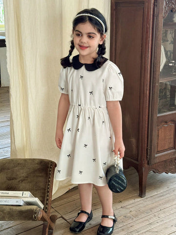 Young Girls' Elegant Bowknot A-Line Dress, Black Textured Fabric, Puff Sleeve, Midi Length, Suitable For Travel, School And Everyday Wear