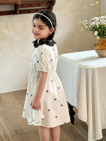 Young Girls' Elegant Bowknot A-Line Dress, Black Textured Fabric, Puff Sleeve, Midi Length, Suitable For Travel, School And Everyday Wear