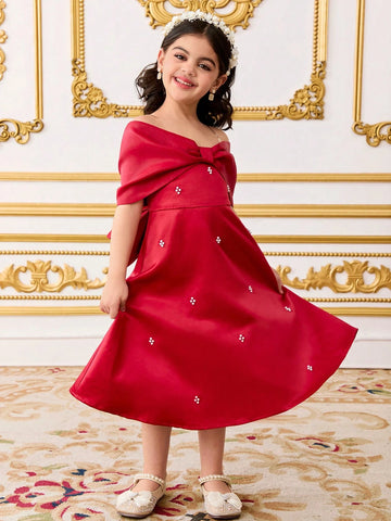 Young Girl's Elegant Bowknot Decor Knit Mid-Length Dress