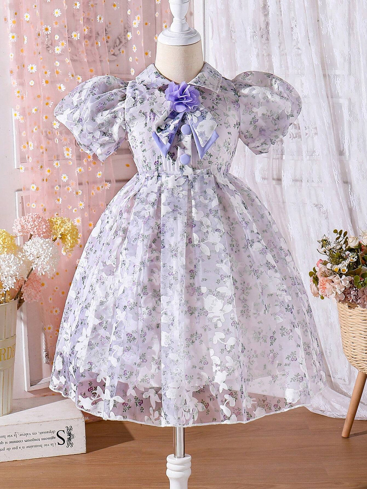 Young Girl's Elegant Bubble Sleeved Floral Chiffon Dress With Cinched Waist, Summer