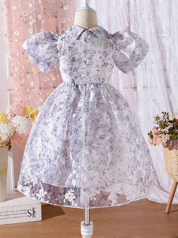 Young Girl's Elegant Bubble Sleeved Floral Chiffon Dress With Cinched Waist, Summer