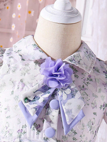 Young Girl's Elegant Bubble Sleeved Floral Chiffon Dress With Cinched Waist, Summer