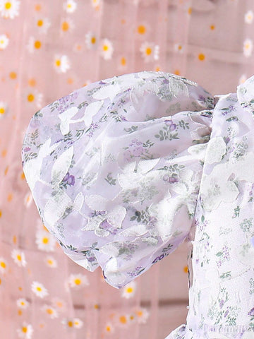 Young Girl's Elegant Bubble Sleeved Floral Chiffon Dress With Cinched Waist, Summer