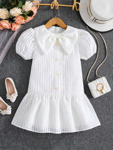 Young Girls' Elegant Casual Vacation Dress, Butterfly Bowknot Decorated Bubble Sleeves And Ladylike Style