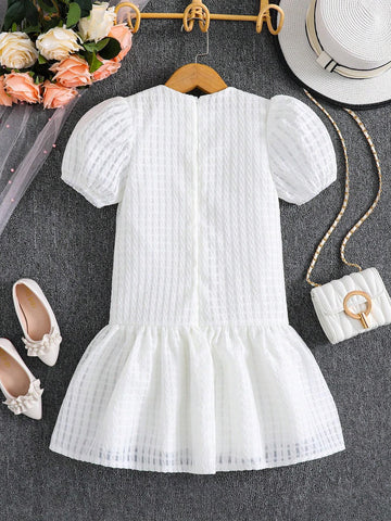 Young Girls' Elegant Casual Vacation Dress, Butterfly Bowknot Decorated Bubble Sleeves And Ladylike Style